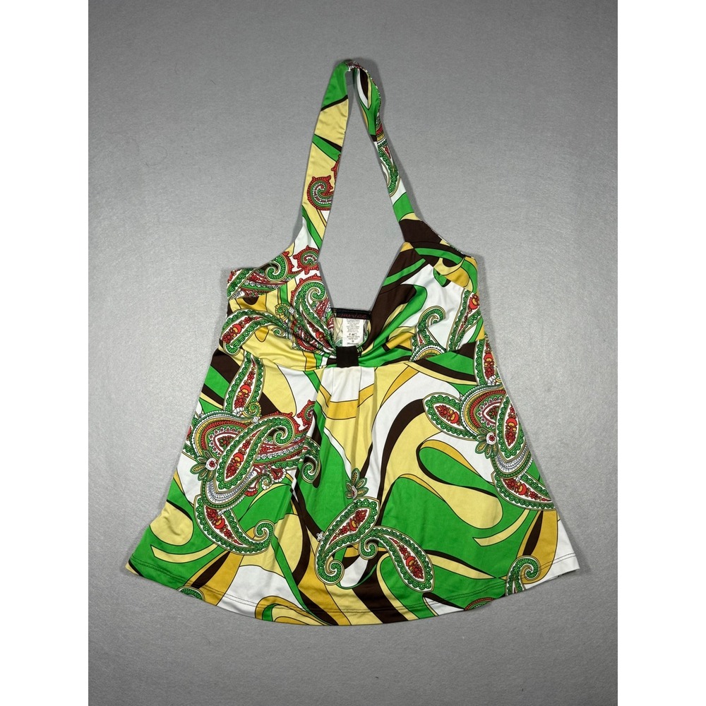 Y2K Retro Boho Paisley Babydoll Janice Halter Top Green Yellow Size Medium